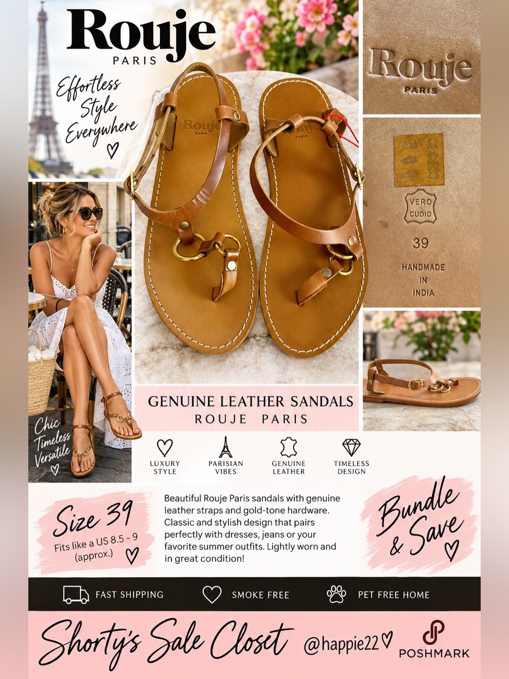 Rouje Paris Leather T-Strap Sandals British Tan with Gold Hardware